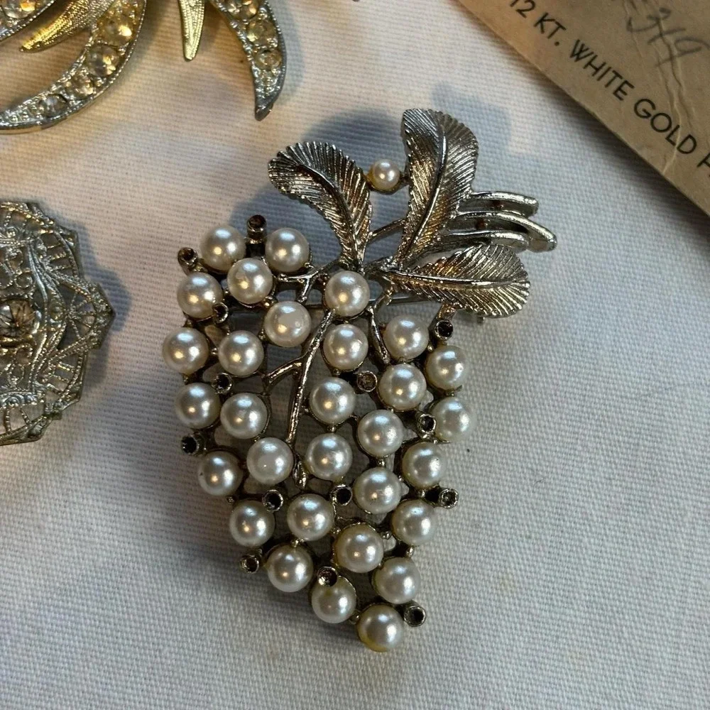 Lot of 6 Vintage Brooches and Earrings Silver Pearls Rhinestones Floral Grape
